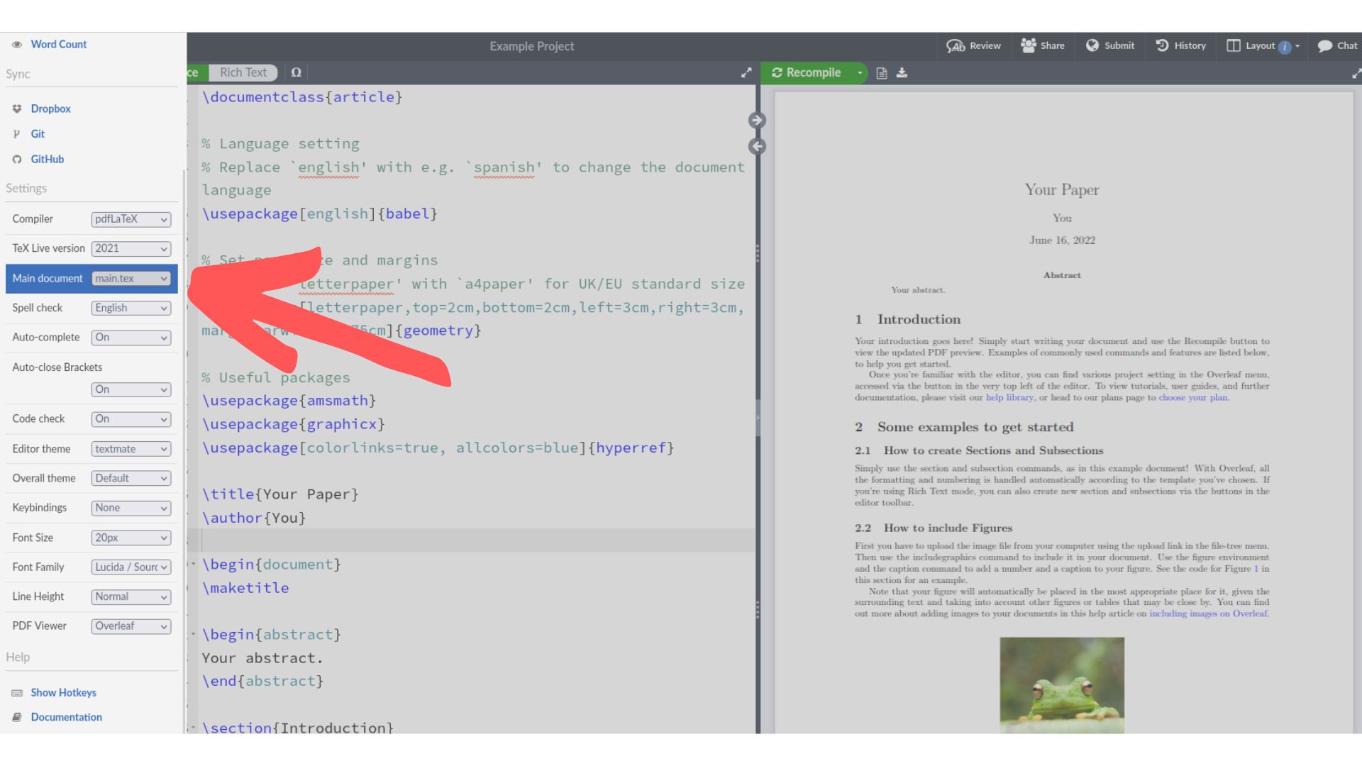 Change primary tex document in Overleaf